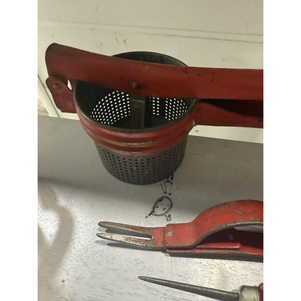 Vintage Primitive Kitchen tools Lot Dazey‎ Butter Churn Sifter Ricer Red Whisk